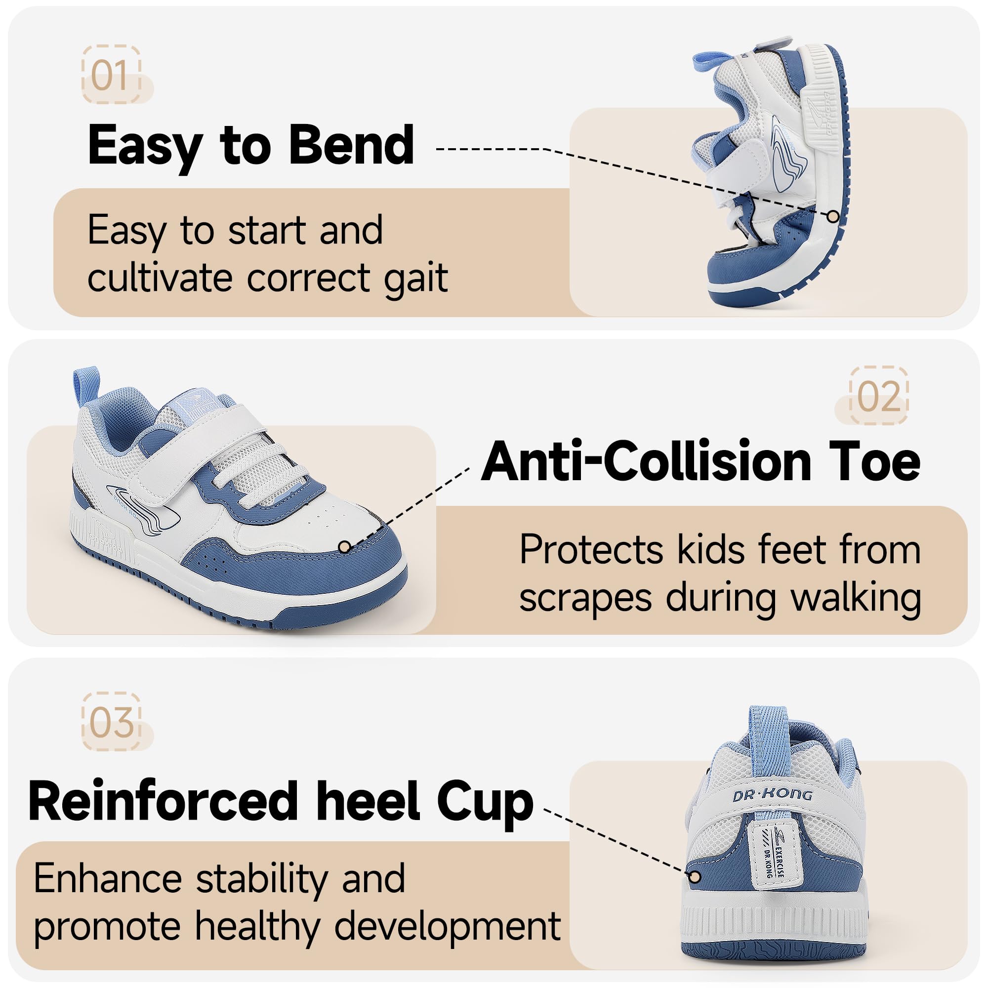 Dr Kong Toddler Boys Girls Shoes Tennis Leather Skate Shoes Casual Fashion Walking Sneakers with Hook and Loop for Toddlers and Little Kids - Image 3